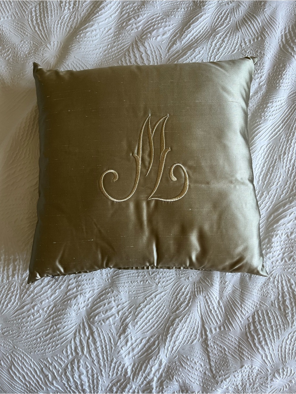 Olive Green Embroidered Monogram Pillow Luxury Designer Sample